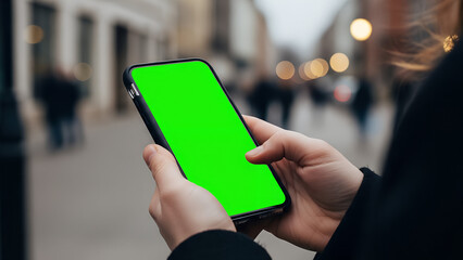 Hand Holding Smartphone with Blank Green Screen Mockup on Blurred City Street Outdoor