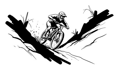 downhill mountain biking on an extreme trail vector sketch