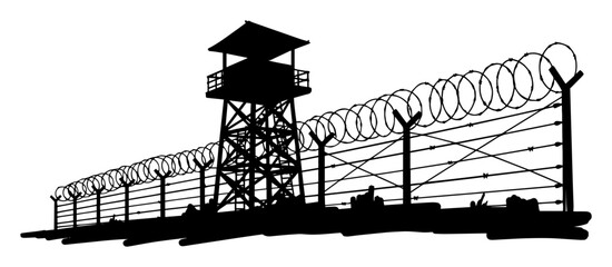 guard tower with barbed wire security fence silhouette sketch