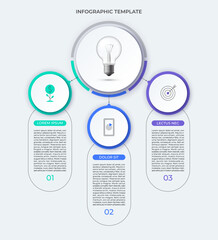 Modern vector infographic template with a central circle and three rounded elements for text, data, or business steps. Can be used for presentations, reports, workflow, analysis, and strategy design.