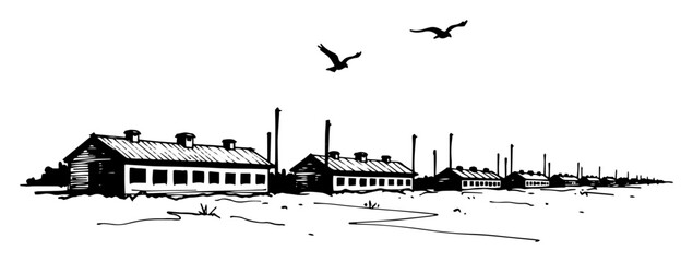 concentration camp barracks historical vector illustration