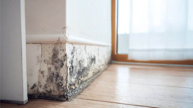 Visible mold growth on the baseboard and wall near a window, indicating moisture issues. Mold poses a health hazard and requires professional remediation. The room is bright, with light streaming in.