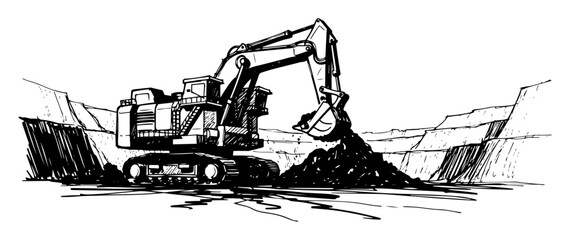 hydraulic excavator digging earthworks at construction site vector shape silhouette illustration