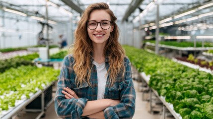 Young female agronomist utilizing smart technology in greenhouse for hydroponic plant cultivation