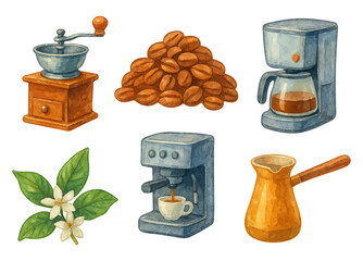 Watercolor coffee making items vector set. Coffee beans, leaves and flowers. Bean grinder, turkish pot and coffee maker machine. Color clipart beverage collection