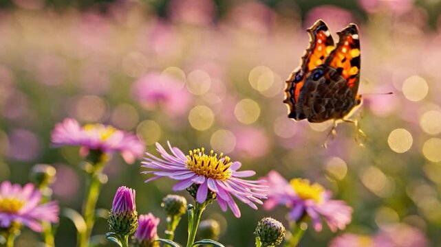Butterfly collecting nectar from purple aster flower in golden sunlight