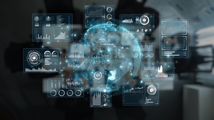 Explore the future of data visualization with this dynamic image showcasing interconnected global connections and digital interfaces filled with informative charts and analytics. Raster