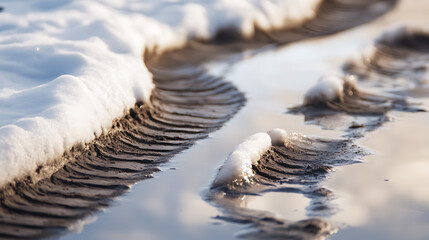 Melting snow reveals tire tracks in the mud. The ice melts in the sun, revealing the earth beneath. The ground is covered with ice and snow, a reminder of the cold winter months.