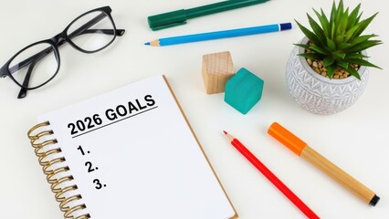 Workspace with notebook labeled 2026 goals surrounded by stationery, glasses, and a plant symbolizing planning, productivity, new year resolutions, and motivation