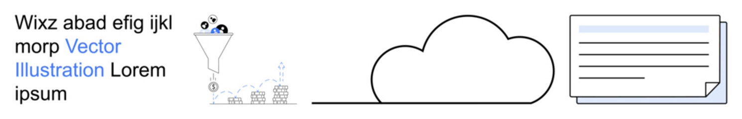 Data integration, cloud storage, digital workflows, information sharing, online processing, file organization. Funnel filtering icons, a cloud and a document. Data integration and cloud storage