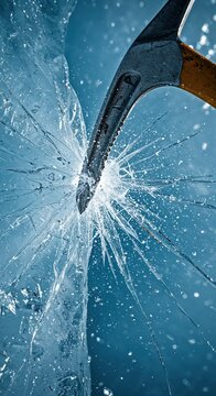 A sharp ice axe pick powerfully strikes and shatters a thick sheet of ice, creating a dynamic burst of fragments against a cool blue background.