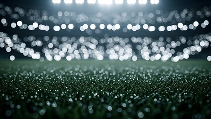 Close up of a vibrant green field in a stadium under bright spotlights. The scene evokes a sense of anticipation and excitement