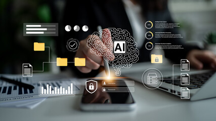 A professional in a modern office environment uses a smartphone with an overlay of artificial intelligence graphics, highlighting data security and management trends. Gantry