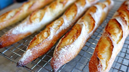 Close-up of several freshly baked baguettes cooling on a wire rack, with a golden crust