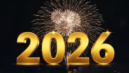 Golden 2026 numbers with bright fireworks exploding in the night sky creating a festive celebratory new year atmosphere full of excitement and joyful energy