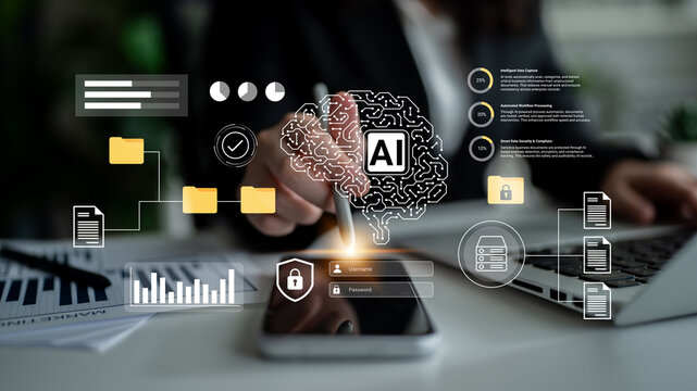 A professional in a modern office environment uses a smartphone with an overlay of artificial intelligence graphics, highlighting data security and management trends. Gantry