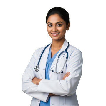 Smiling indian female medical professional wearing a white lab coat and stethoscope arms crossed isolated on transparent background