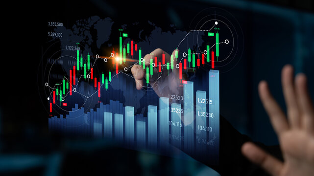 A professional hand illustrates financial trends on a digital stock market chart featuring candlestick patterns and data indicators, perfect for business insights. Scalp - Powered by Adobe
