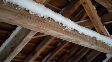 Winter's Touch: Snow-kissed wooden beams under a rustic roof, blending structural strength with delicate beauty, capturing the tranquil essence of a snowy landscape.