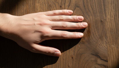 Hand resting on a wooden surface in natural light