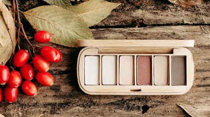 Eye shadow palette, berries, and leaves arranged on a rustic wooden surface for a natural look