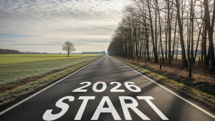 Countryside road with the words 2026 start painted on the asphalt leading toward the horizon symbolizing new beginnings, motivation, progress, and future goals