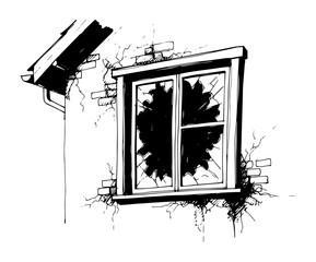 broken shattered window on brick wall monochrome vector