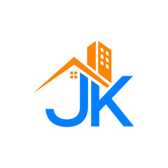 Real estate, letter jk with building icon logo flat vector design