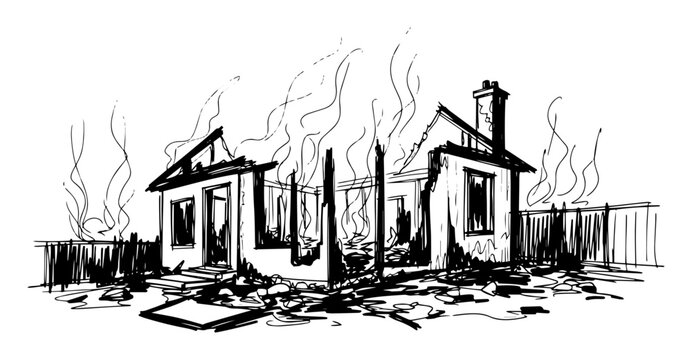 burnt house ruin after fire disaster monochrome vector shape