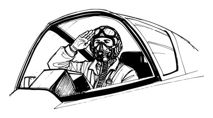 fighter pilot in cockpit saluting vector black shape © Mago
