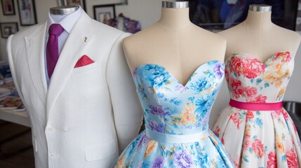 Fashion display of tailored suit and vibrant floral dresses on mannequins; showcasing design