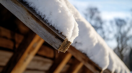 Winter's Embrace: Snow-kissed wooden roof edges on a cold, clear day. Texture meets tranquility. Rustic charm in a snowy scene, winter's gentle touch on wood.