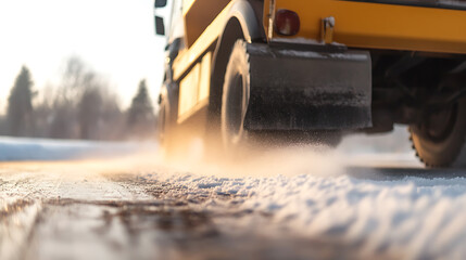 Truck driving on a snow-covered road, clearing the way. The vehicle's wheels kick up a spray of ice and snow, highlighting winter conditions and road safety challenges. Focused road maintenance.