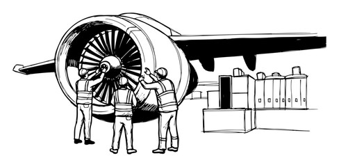 aircraft jet engine maintenance crew vector shape silhouette © Mago