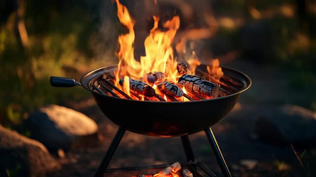 Outdoor camping grill with burning charcoals getting ready for a barbecue. Hot flames and glowing embers create a warm, inviting atmosphere