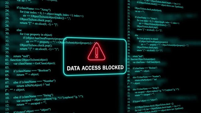 Red Exclamation Mark Warning Symbol data access blocked Neon Sign on cyan Digital Code Background with Glitch Effect