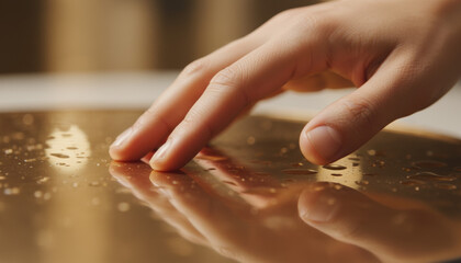 Hand gently caressing a reflective golden surface