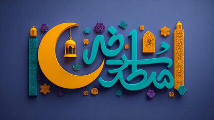 Festive 3D rendered Arabic calligraphy design with moon, lanterns, and ornaments on a deep blue