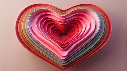 3D Layered Paper Cutout Art Heart Shape in Red and Pink, Romantic Craft Illustration Background with Copy Space