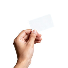 Fototapeta premium Hand Holding Blank White Business Card On Black Background graphic design isolated on a transparent background
