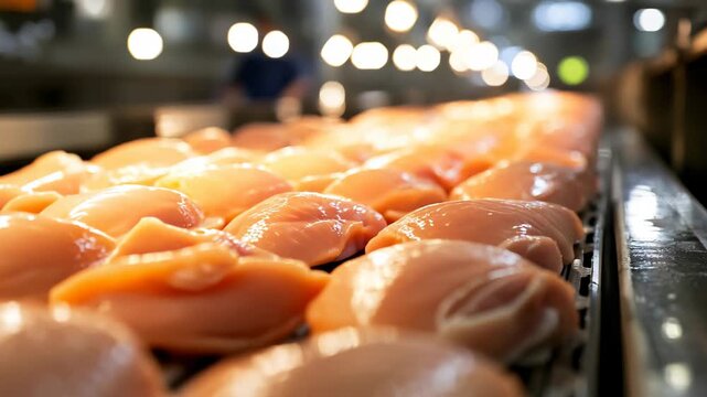 Close-up of raw chicken pieces moving on an automated production line. Fresh poultry meat processing at a food factory or slaughterhouse