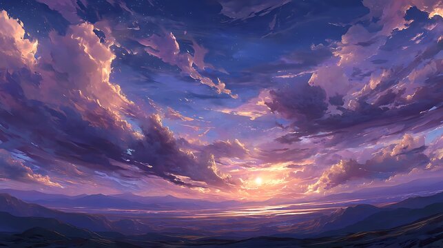 Dramatic sunset sky with pink and purple clouds over a serene landscape and water sunrise twilight photo