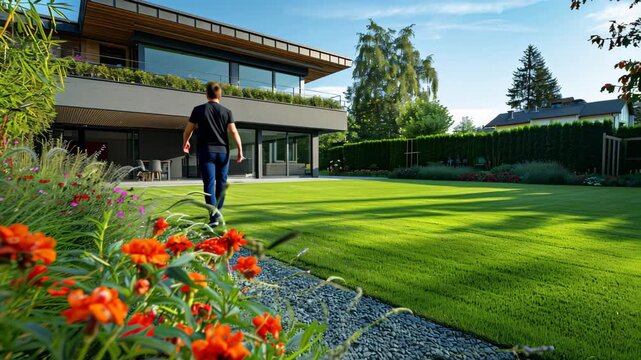 Young man casually walking on a gravel path in a beautiful and neat backyard garden. Lush green lawn and a modern villa in summer