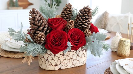 Festive centerpiece on a wooden table, featuring red roses, pinecones, and greenery