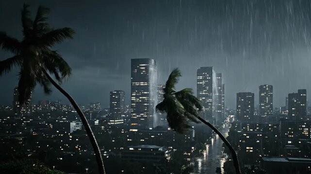 Dramatic urban thunderstorm with swaying palms and lightning strikes