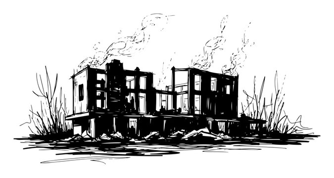 burning building ruins sketch vector