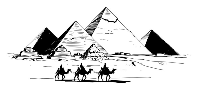 pyramids of giza with camel caravan egypt monochrome vector silhouette