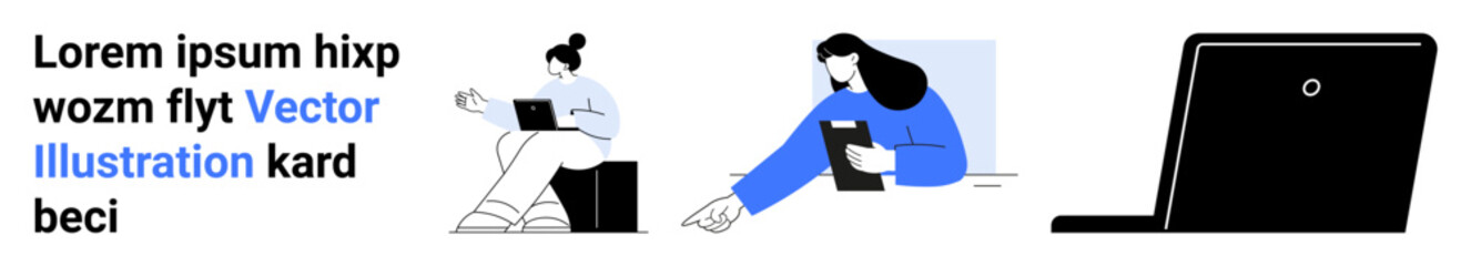 Remote work, digital interaction, online communication, modern technology, workplace productivity, education. Two individuals using laptops and tablets with a close-up of a laptop. Remote work