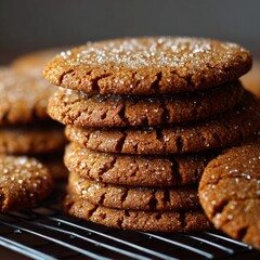 Close-up of stack of fresh, golden-brown baked sugar cookies, sprinkled with shimmering crystals
