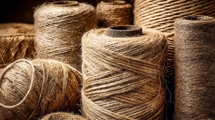 Close-up of spools of natural, brown twine, varying in size, textures and coiled arrangement